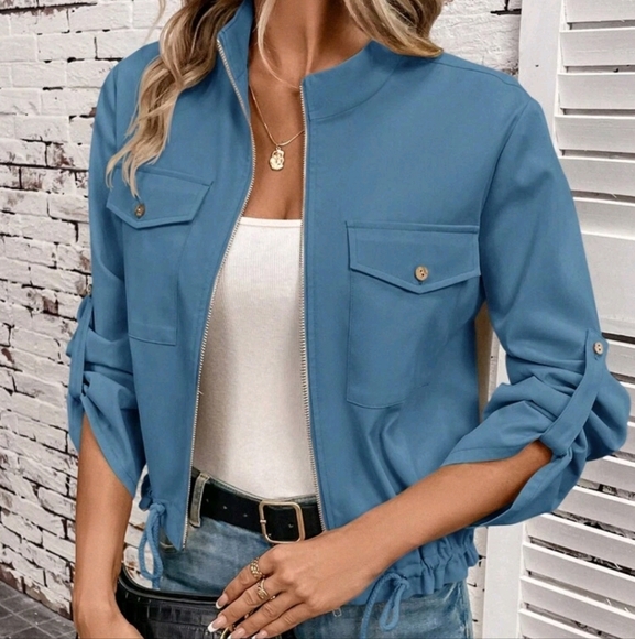 Women Casual Solid Color Roll Tab Sleeve Flap Pocket Drawstring Hem Lightweight - Picture 1 of 4
